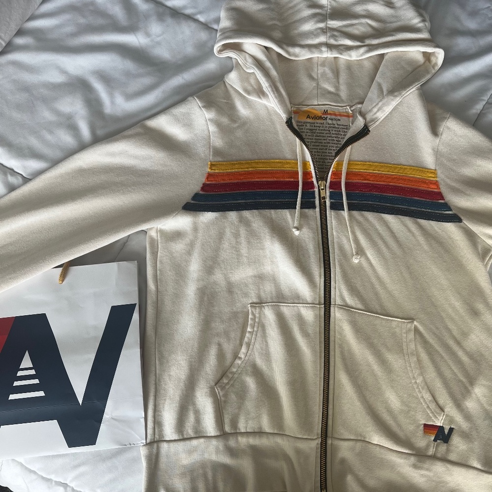 AVIATOR NATION 5 STRIPE ZIP UP HOODIE VINTAGE WHITE WASHED ONCE NEVER WORN